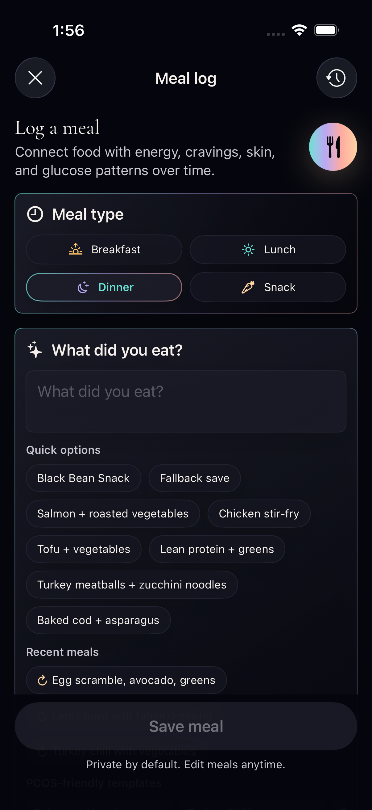 CycleBalance Lunar Calm meal logging